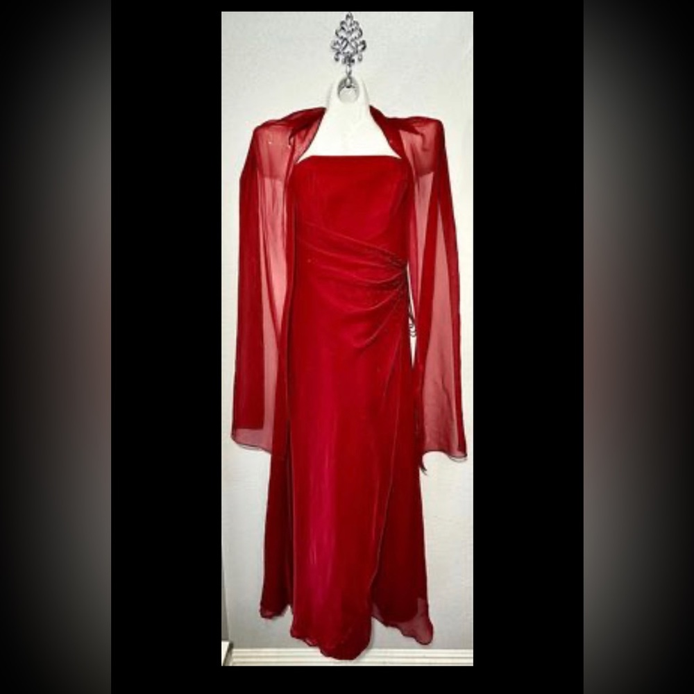 Strapless Beaded Plus Size Formal Dress With Tie Wrap Waist & Shoulder Shaw Wrap